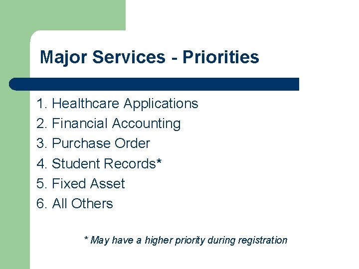 Major Services - Priorities 1. Healthcare Applications 2. Financial Accounting 3. Purchase Order 4. Major Services - Priorities 1. Healthcare Applications 2. Financial Accounting 3. Purchase Order 4.