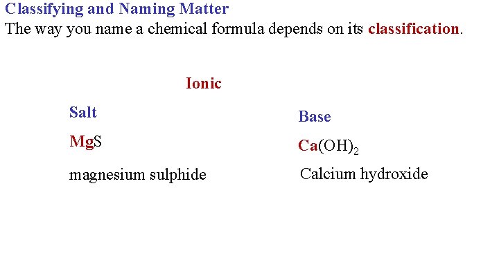 Classifying and Naming Matter The way you name a chemical formula depends on its