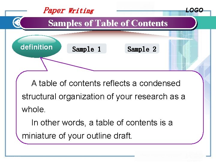 Paper Writing LOGO Samples of Table of Contents definition Sample 1 Sample 2 A