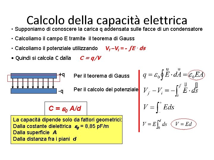 Calcolo della capacità elettrica • Supponiamo di conoscere la carica q addensata sulle facce