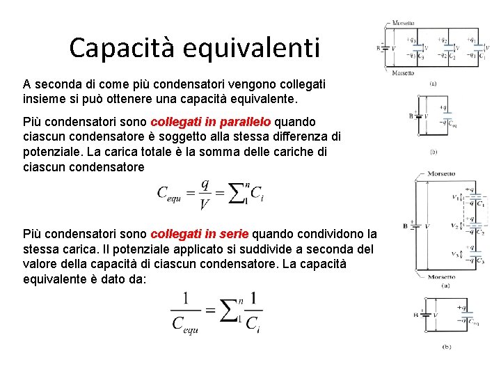 Capacità equivalenti A seconda di come più condensatori vengono collegati insieme si può ottenere