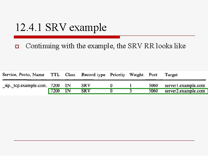 12. 4. 1 SRV example o Continuing with the example, the SRV RR looks