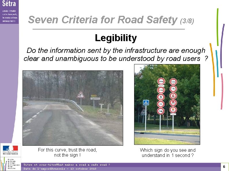 Seven Criteria for Road Safety (3/8) Legibility Do the information sent by the infrastructure