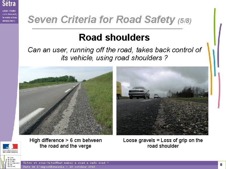 Seven Criteria for Road Safety (5/8) Road shoulders Can an user, running off the