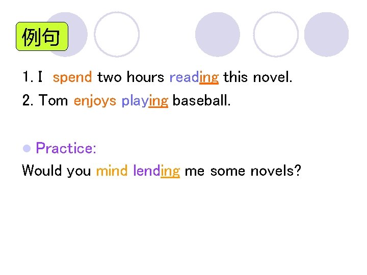 例句 1. I spend two hours reading this novel. 2. Tom enjoys playing baseball.