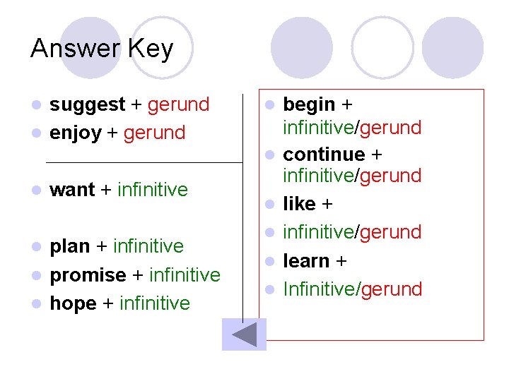 Answer Key suggest + gerund l enjoy + gerund l l want + infinitive