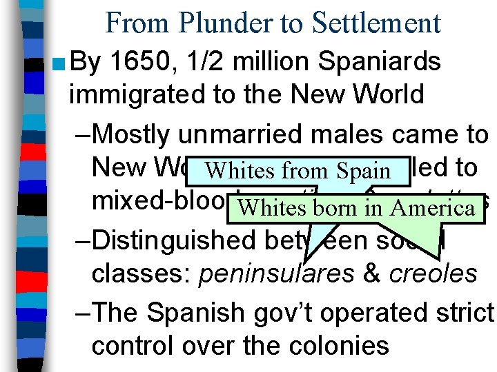 From Plunder to Settlement ■ By 1650, 1/2 million Spaniards immigrated to the New