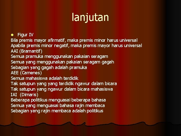 lanjutan Figur IV Bila premis mayor afirmatif, maka premis minor harus universal Apabila premis lanjutan Figur IV Bila premis mayor afirmatif, maka premis minor harus universal Apabila premis