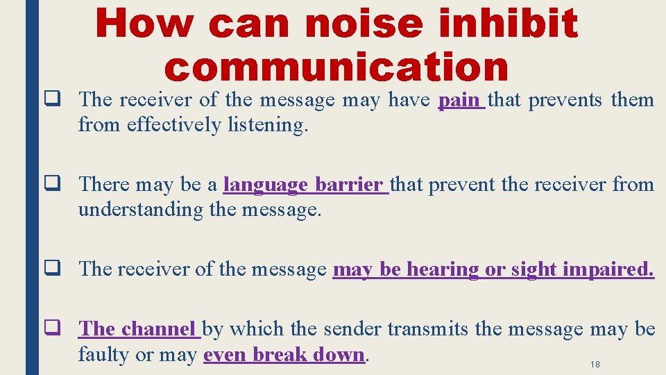 How can noise inhibit communication q The receiver of the message may have pain