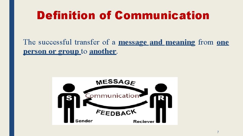Definition of Communication The successful transfer of a message and meaning from one person
