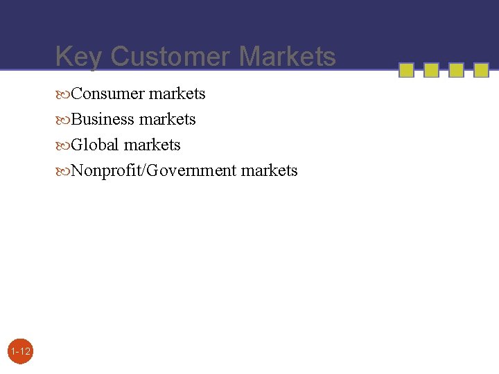 Key Customer Markets Consumer markets Business markets Global markets Nonprofit/Government markets 1 -12 