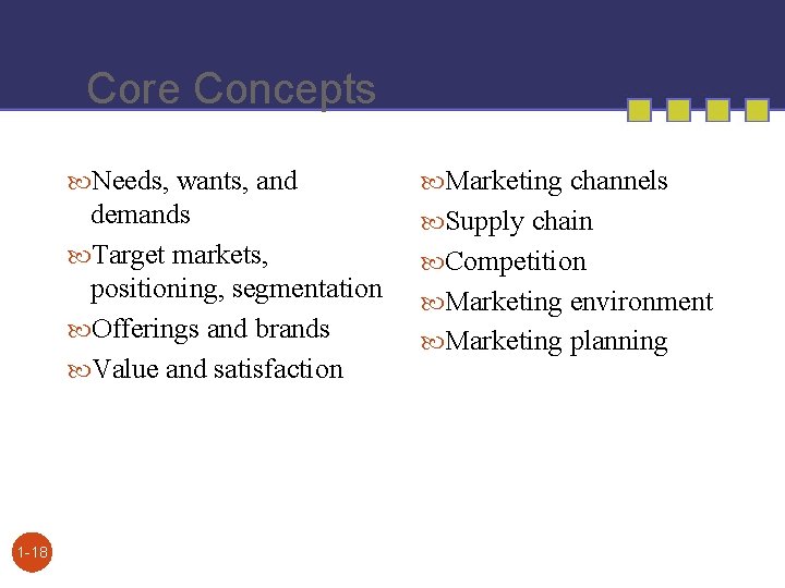 Core Concepts 1 -18 Needs, wants, and Marketing channels demands Target markets, positioning, segmentation