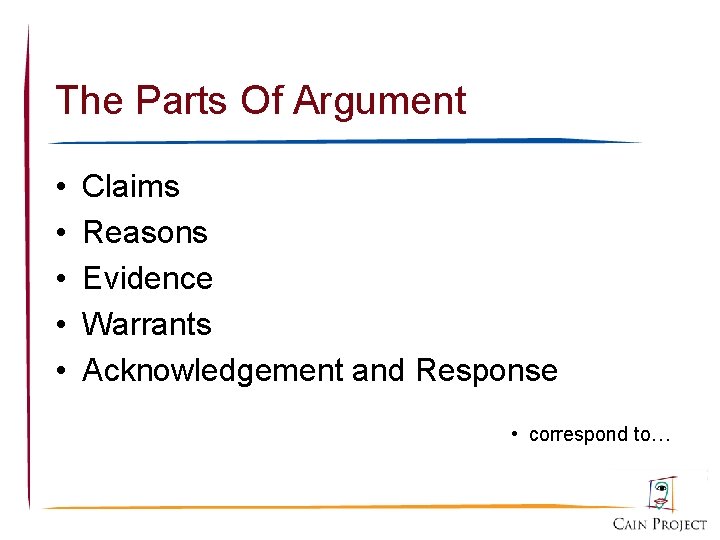 The Parts Of Argument • • • Claims Reasons Evidence Warrants Acknowledgement and Response