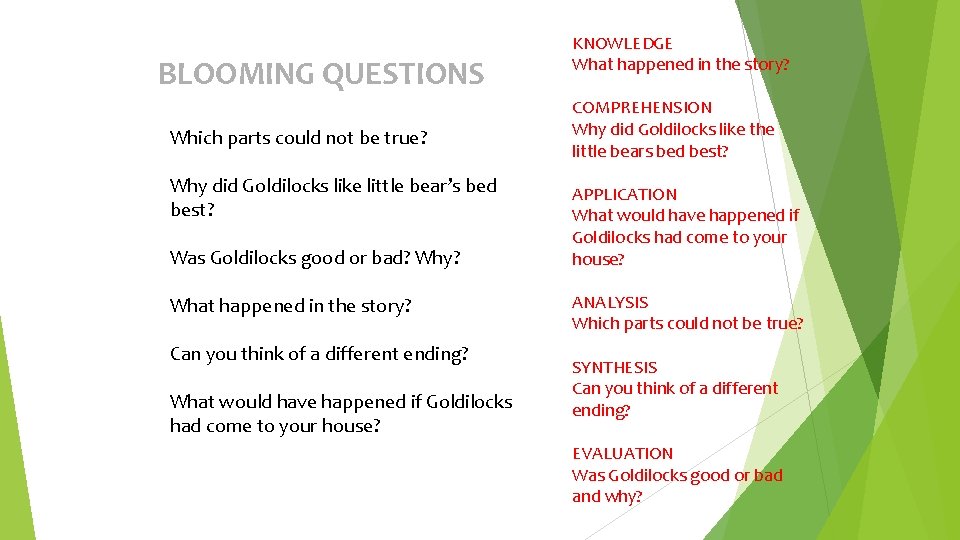 BLOOMING QUESTIONS Which parts could not be true? Why did Goldilocks like little bear’s