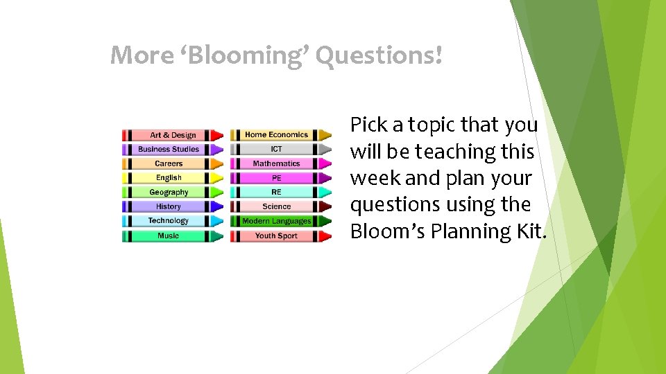 More ‘Blooming’ Questions! Pick a topic that you will be teaching this week and