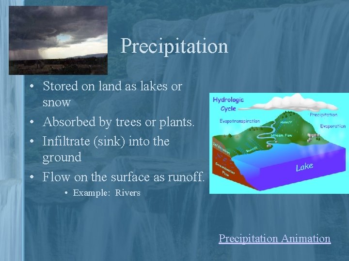 Precipitation • Stored on land as lakes or snow • Absorbed by trees or