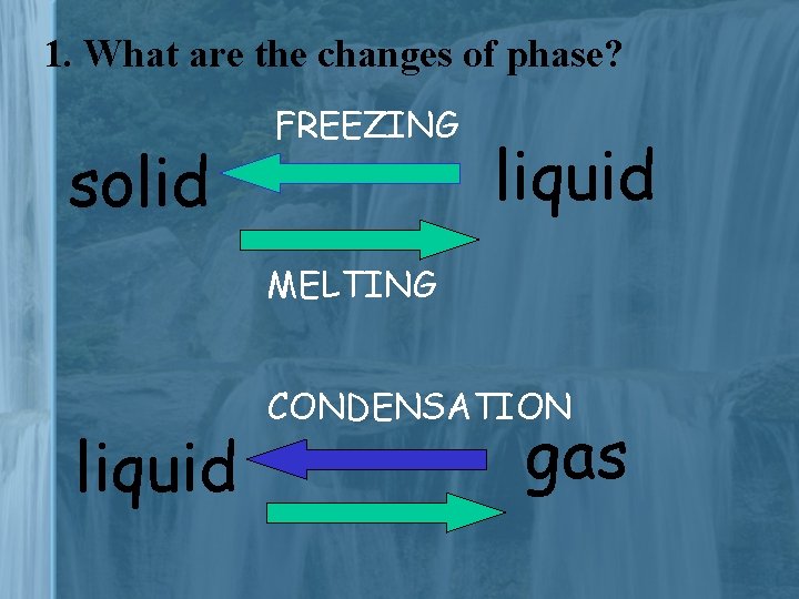 1. What are the changes of phase? solid FREEZING liquid MELTING liquid CONDENSATION gas