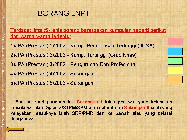 FRIENDLY ECONOMICS (TRAINING AND SEMINAR CONSULTANT) BORANG LNPT Terdapat lima (5) jenis borang berasaskan