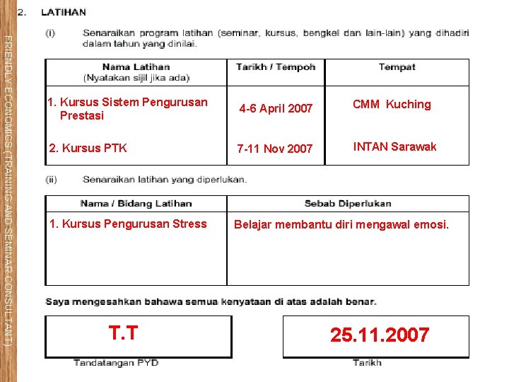 FRIENDLY ECONOMICS (TRAINING AND SEMINAR CONSULTANT) 1. Kursus Sistem Pengurusan Prestasi 4 -6 April