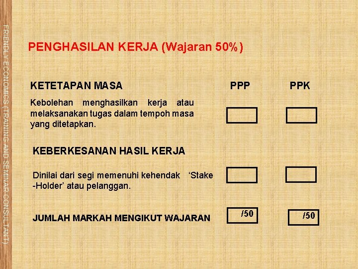 FRIENDLY ECONOMICS (TRAINING AND SEMINAR CONSULTANT) PENGHASILAN KERJA (Wajaran 50%) KETETAPAN MASA PPP PPK