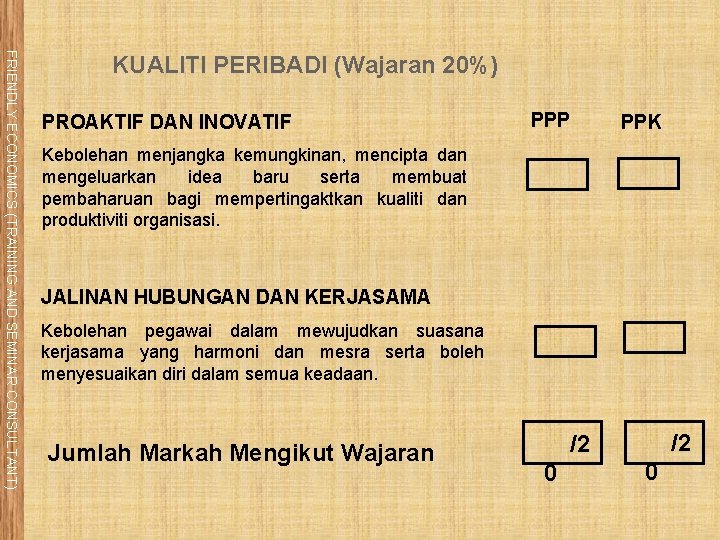 FRIENDLY ECONOMICS (TRAINING AND SEMINAR CONSULTANT) KUALITI PERIBADI (Wajaran 20%) PROAKTIF DAN INOVATIF PPP