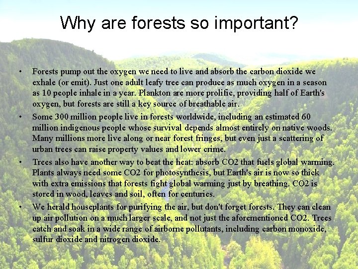 Why are forests so important? • • Forests pump out the oxygen we need