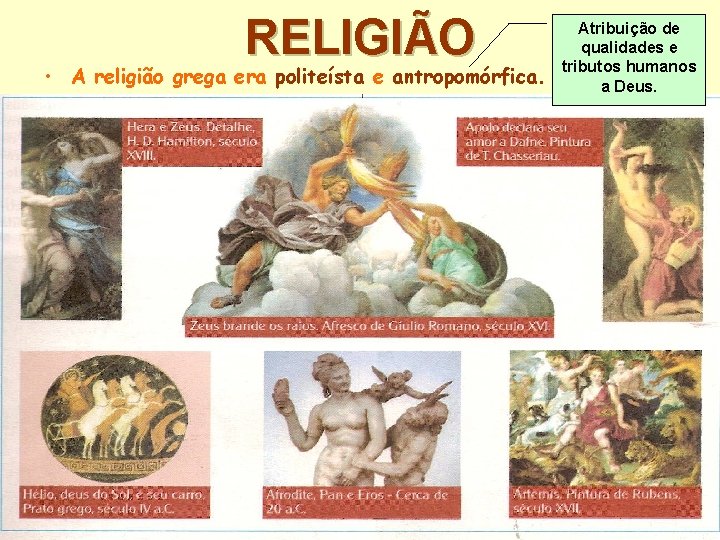 RELIGIÃO • A religião grega era politeísta e antropomórfica. Atribuição de qualidades e tributos