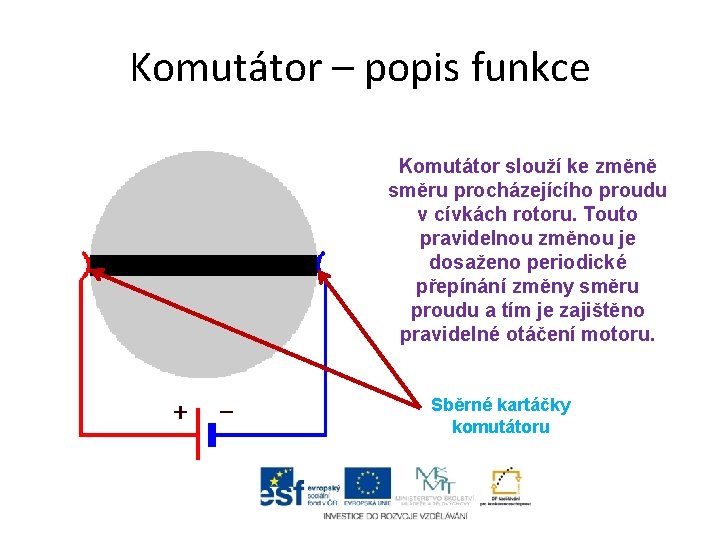 Komutátor – popis funkce Komutátor slouží ke změně směru procházejícího proudu v cívkách rotoru. Komutátor – popis funkce Komutátor slouží ke změně směru procházejícího proudu v cívkách rotoru.