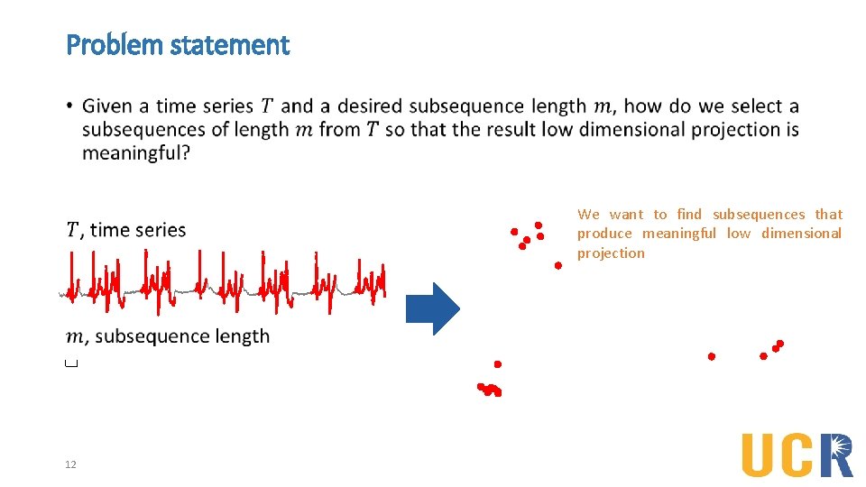 Problem statement • 12 We want to find subsequences that produce meaningful low dimensional