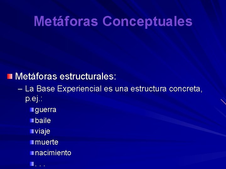 Metáforas Conceptuales Metáforas estructurales: – La Base Experiencial es una estructura concreta, p. ej.