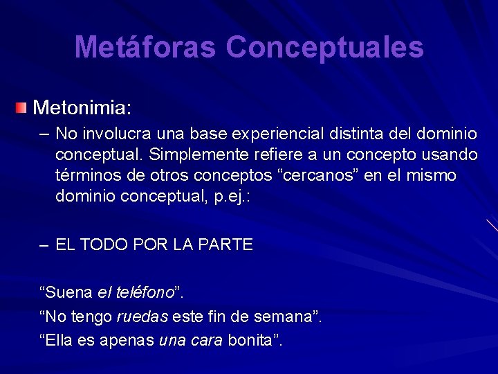 Metáforas Conceptuales Metonimia: – No involucra una base experiencial distinta del dominio conceptual. Simplemente