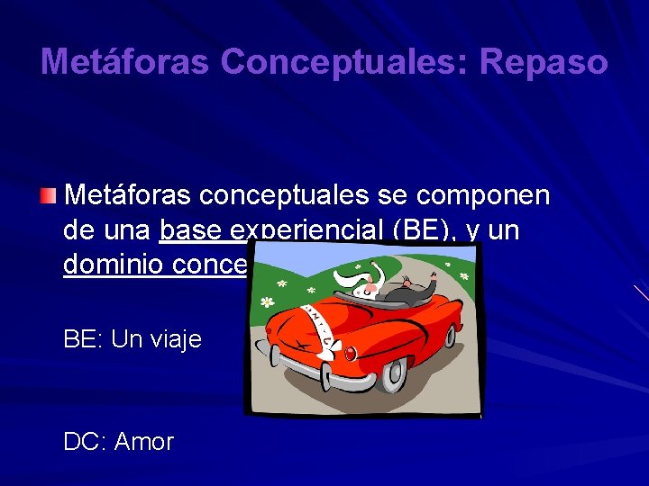 Metáforas Conceptuales: Repaso Metáforas conceptuales se componen de una base experiencial (BE), y un