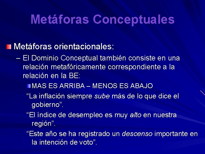 Metáforas Conceptuales Metáforas orientacionales: – El Dominio Conceptual también consiste en una relación metafóricamente