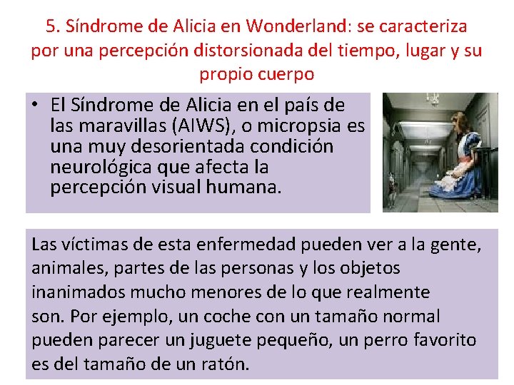 5. Síndrome de Alicia en Wonderland: se caracteriza por una percepción distorsionada del tiempo,