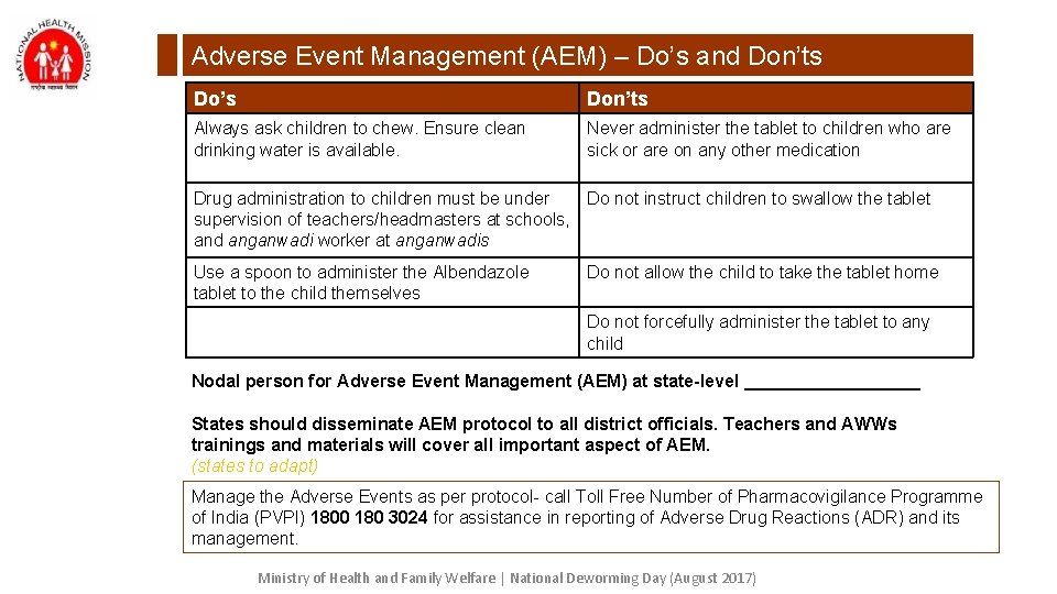 Adverse Event Management (AEM) – Do’s and Don’ts Do’s Don’ts Always ask children to Adverse Event Management (AEM) – Do’s and Don’ts Do’s Don’ts Always ask children to
