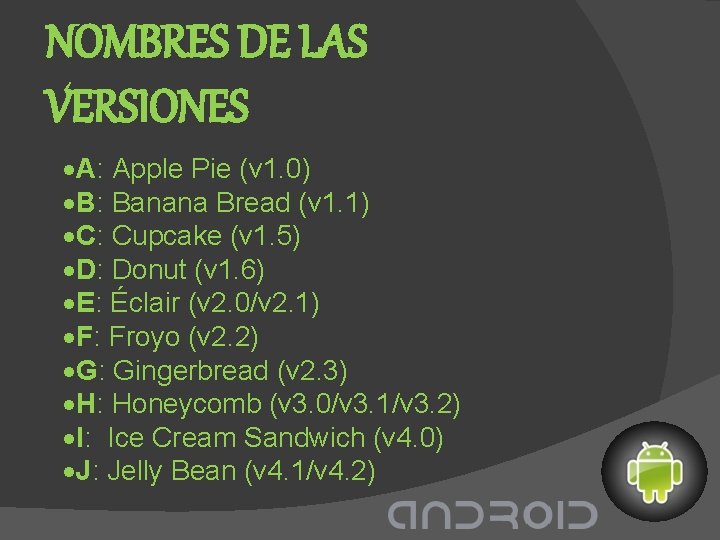 NOMBRES DE LAS VERSIONES A: Apple Pie (v 1. 0) B: Banana Bread (v