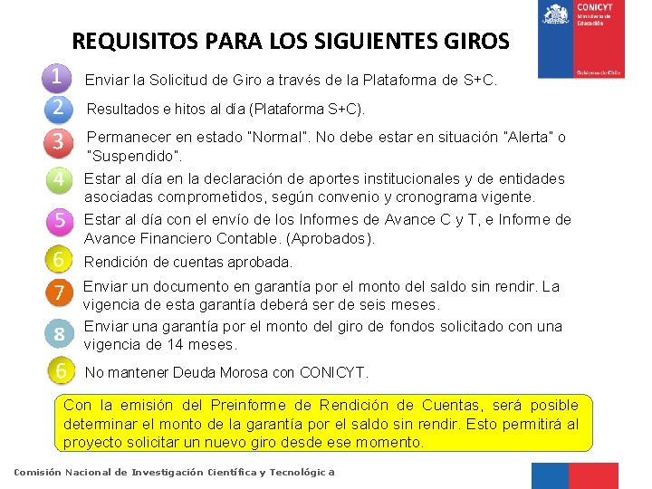 REQUISITOS PARA LOS SIGUIENTES GIROS Enviar la Solicitud de Giro a través de la