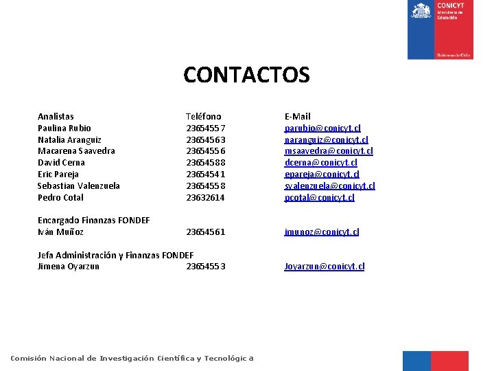 CONTACTOS Analistas Paulina Rubio Natalia Aranguiz Macarena Saavedra David Cerna Eric Pareja Sebastian Valenzuela
