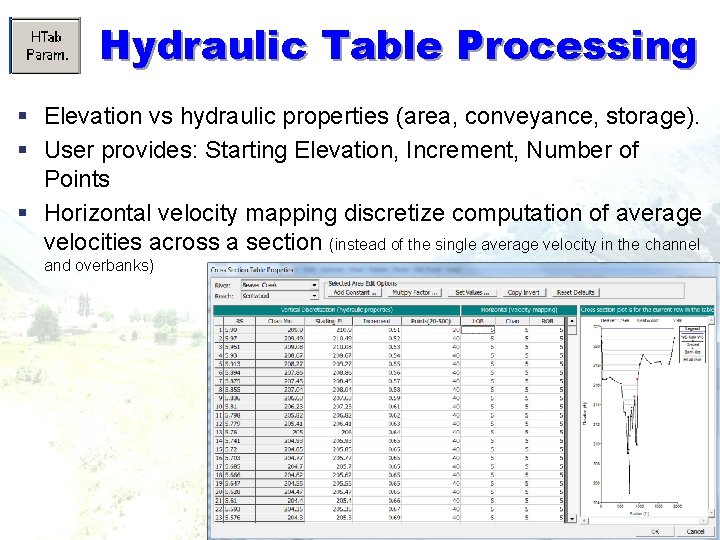 Hydraulic Table Processing § Elevation vs hydraulic properties (area, conveyance, storage). § User provides: Hydraulic Table Processing § Elevation vs hydraulic properties (area, conveyance, storage). § User provides: