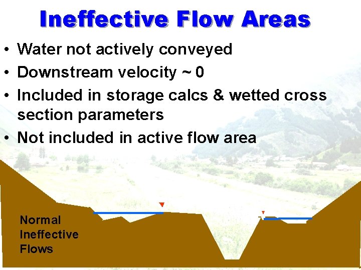 Ineffective Flow Areas • Water not actively conveyed • Downstream velocity ~ 0 • Ineffective Flow Areas • Water not actively conveyed • Downstream velocity ~ 0 •