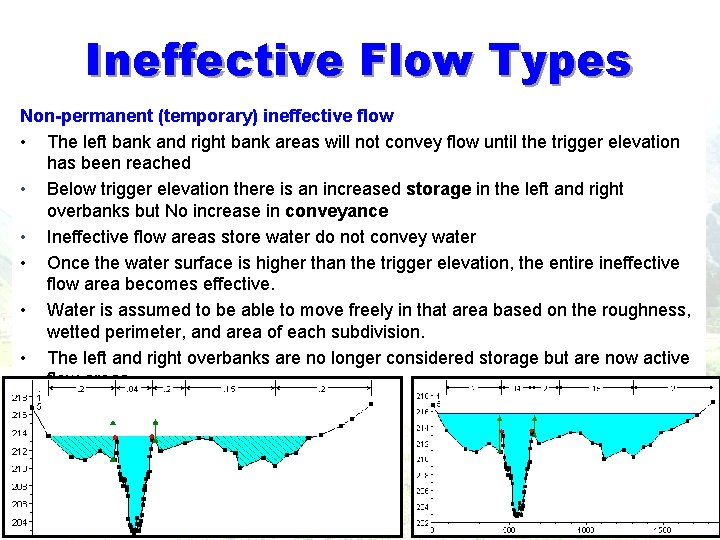 Ineffective Flow Types Non-permanent (temporary) ineffective flow • The left bank and right bank Ineffective Flow Types Non-permanent (temporary) ineffective flow • The left bank and right bank