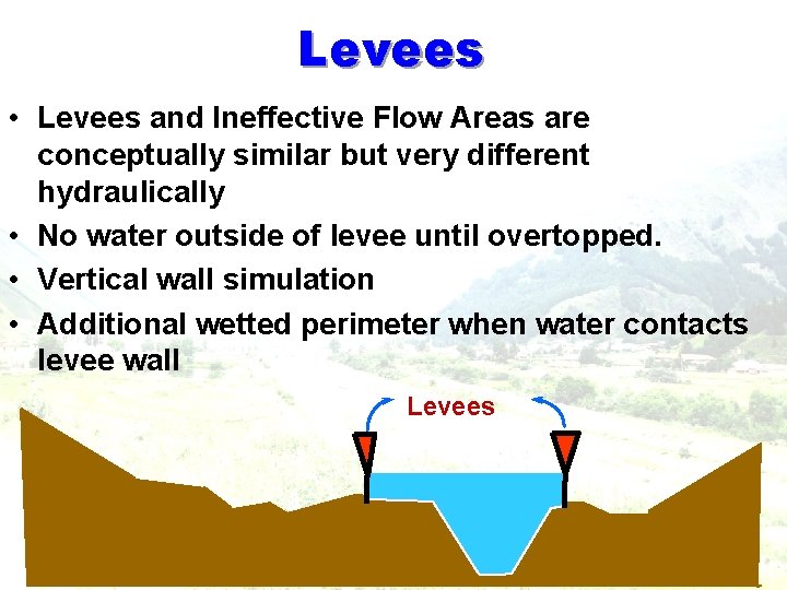 Levees • Levees and Ineffective Flow Areas are conceptually similar but very different hydraulically Levees • Levees and Ineffective Flow Areas are conceptually similar but very different hydraulically