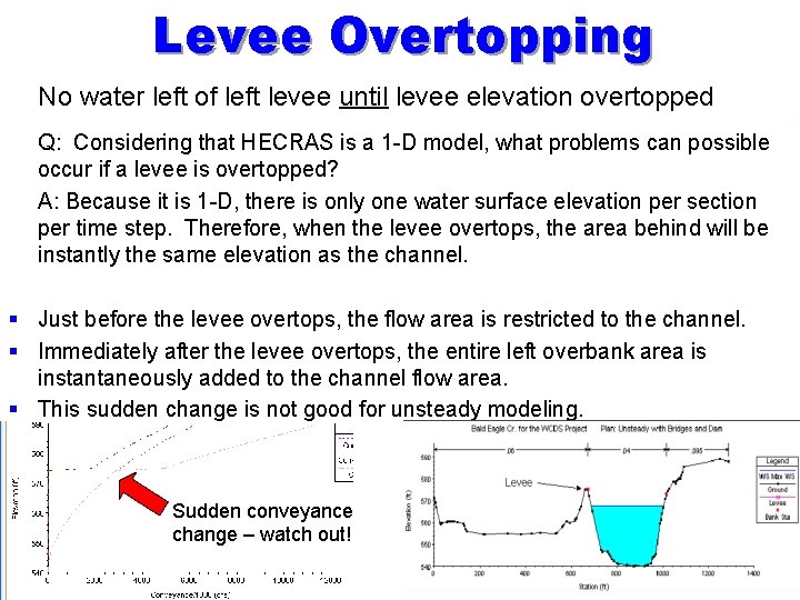 Levee Overtopping § No water left of left levee until levee elevation overtopped § Levee Overtopping § No water left of left levee until levee elevation overtopped §