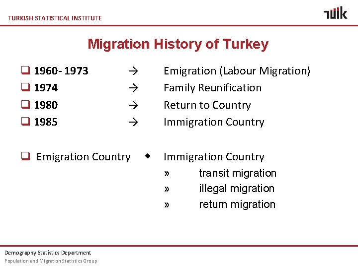 TURKISH STATISTICAL INSTITUTE Migration History of Turkey q 1960 - 1973 q 1974 q