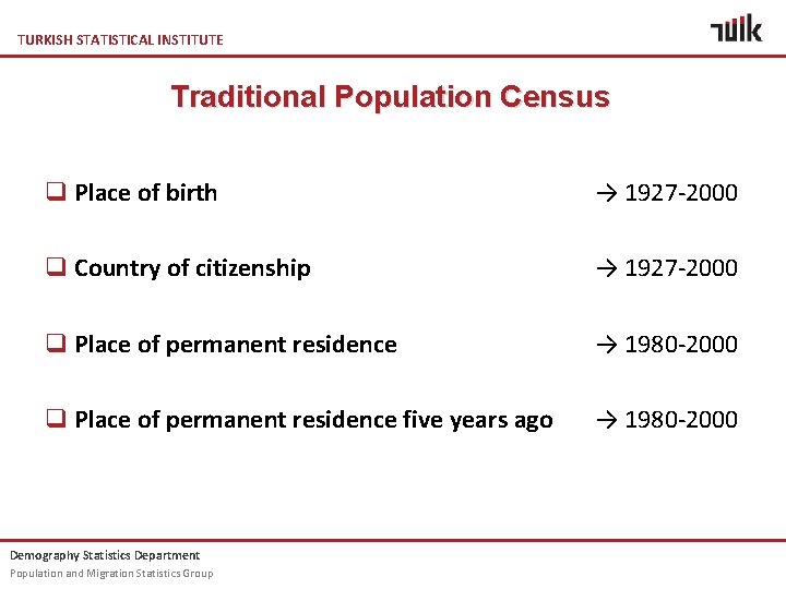 TURKISH STATISTICAL INSTITUTE Traditional Population Census q Place of birth → 1927 -2000 q