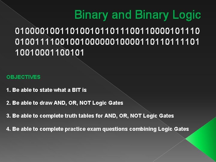Binary and Binary Logic 010000100110100101101110000101110 010011110010010000110110111101 10010001100101 OBJECTIVES 1. Be able to state what