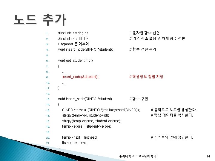 노드 추가 1. #include <string. h> // 문자열 함수 선언 2. #include <stdlib. h>