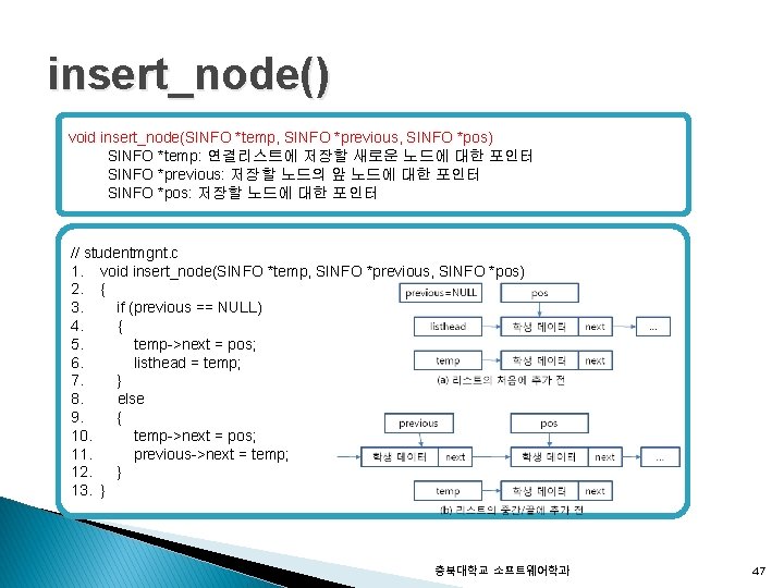 insert_node() void insert_node(SINFO *temp, SINFO *previous, SINFO *pos) SINFO *temp: 연결리스트에 저장할 새로운 노드에