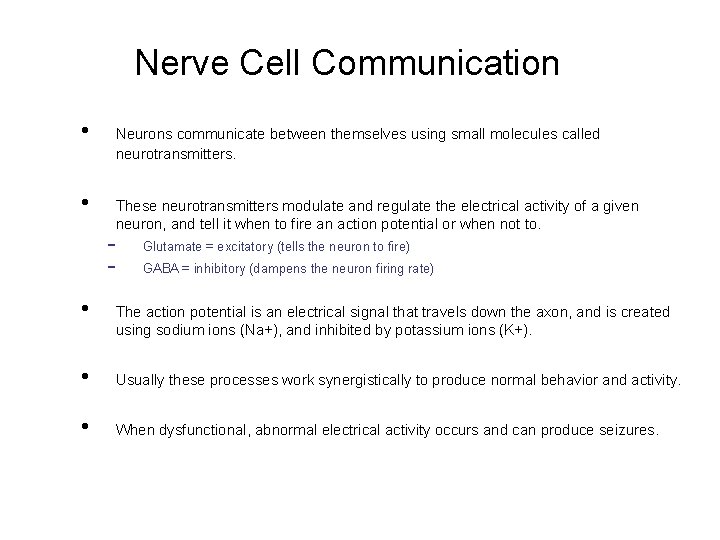 Nerve Cell Communication • Neurons communicate between themselves using small molecules called neurotransmitters. •
