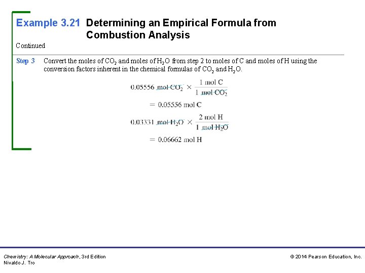 Example 3. 21 Determining an Empirical Formula from Combustion Analysis Continued Step 3 Convert